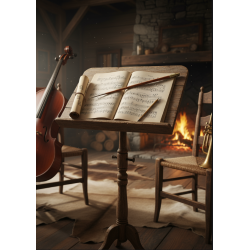 Ein hölzerner Notenständer mit Notenblättern, einem gerollten Pergament und einem Bleistift steht zwischen einem Cello und einem Blechblasinstrument in einem gemütlichen Raum mit einem Steinkamin und Holzstühlen.