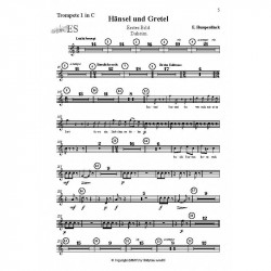 Noten für Trompete in C mit dem Titel "Hänsel und Gretel" von E. Humperdinck. Die Seite enthält Noten, Tempobezeichnungen und Taktnummern. Oben links steht "Trompete 1 in C", und die Seitenzahl 5 erscheint oben rechts.