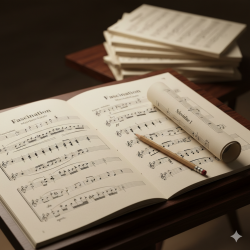 Das Bild ist eine hochformatige, ansprechende Anzeige, die Orchester und Dirigenten dazu einlädt, die Premium-Orchesternoten des bekannten Walzers "Fascination" zu mieten.