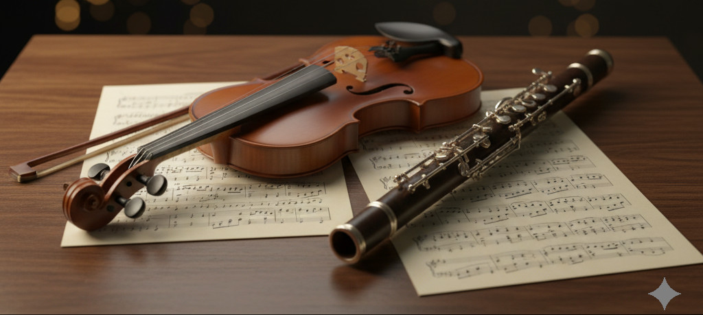 Banner mit Violine und Oboe auf Notenpapier